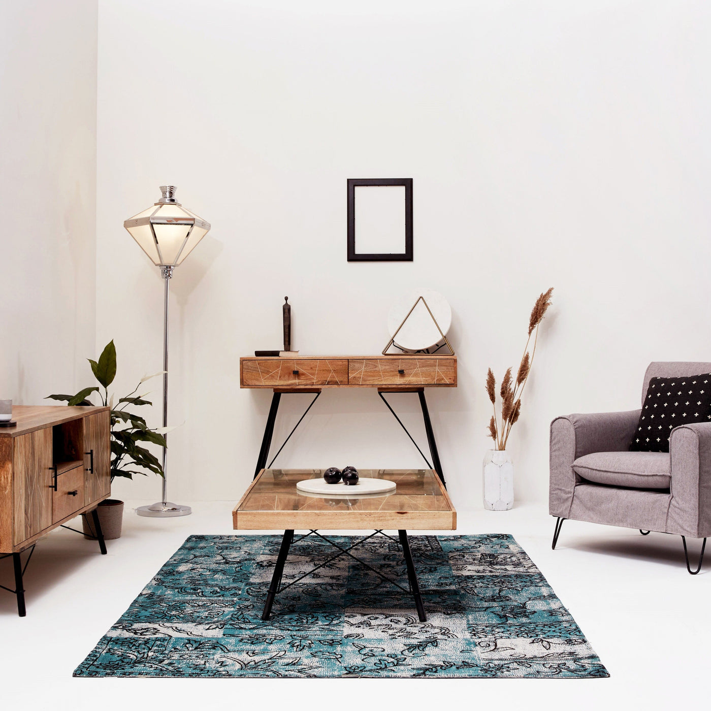 Mosaic Wood and Iron Console Table in Natural Finish